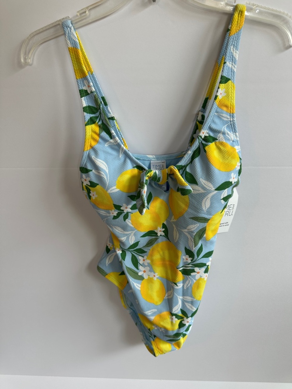 NWT Time & Tru Blue Lemon Print High Leg One-Piece Swimsuit, medium